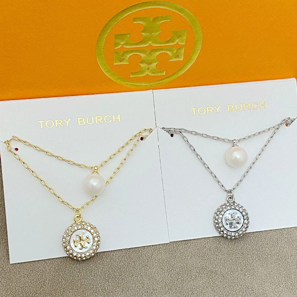 Tory Burch Diamond Initial Pearl Pendant Metal Double Layer Chain
